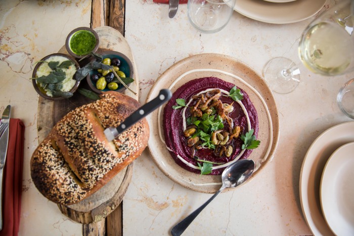 Beet humms at Rama's Kitchen in Israel