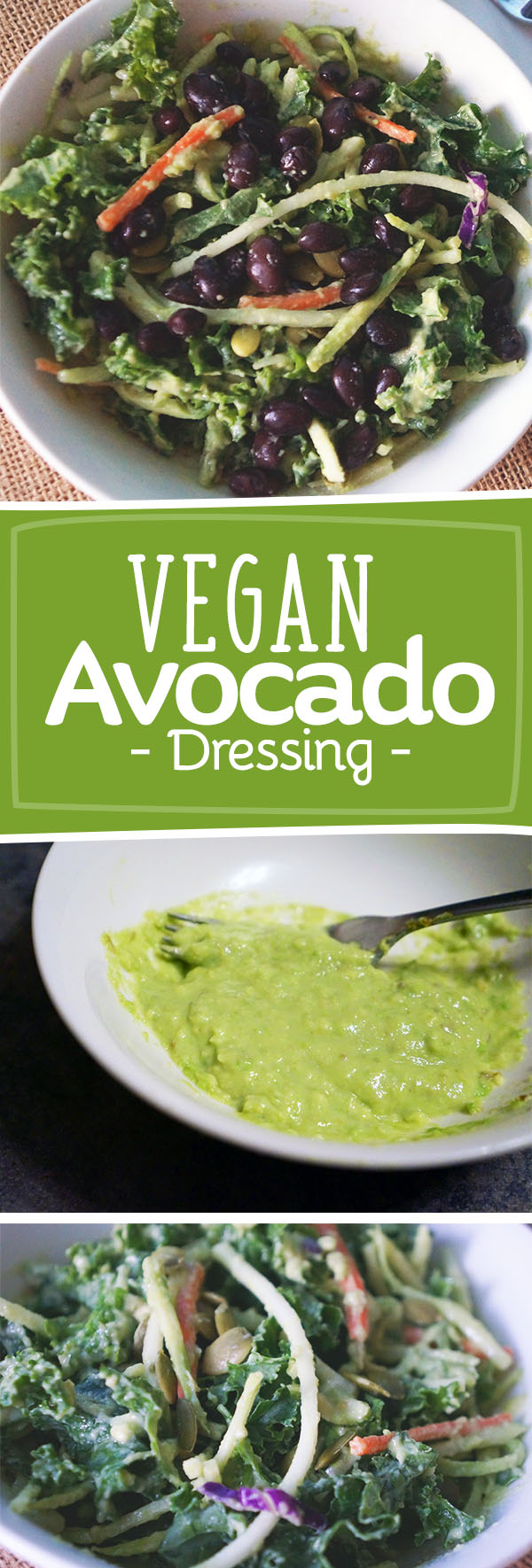Healthy Vegan Avocado Dressing recipe and kale slaw - great way to add some healthy fats and flavor