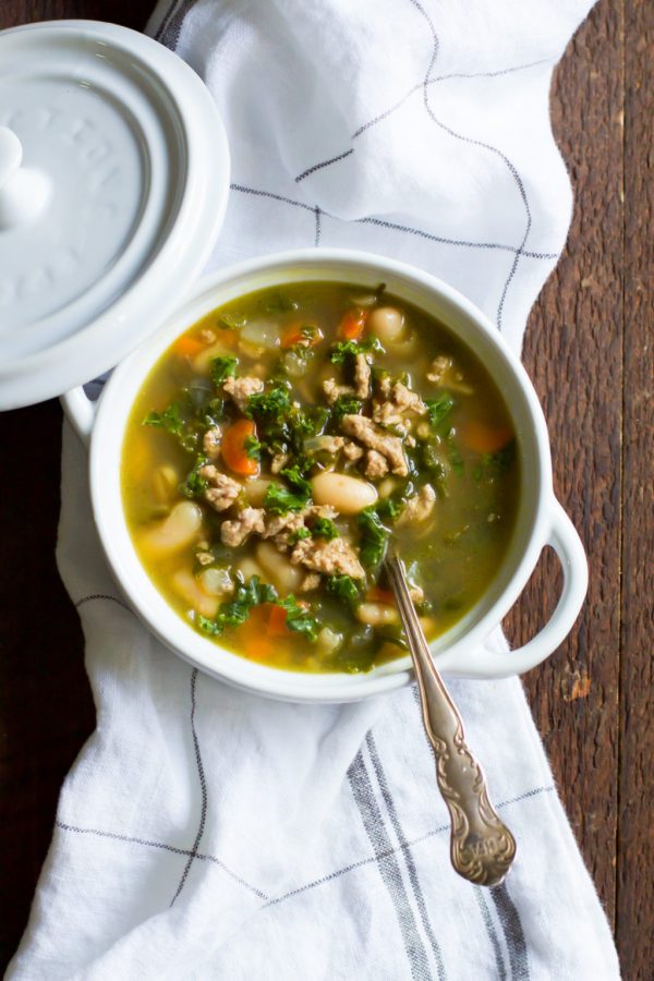 Healthy Ground Turkey White Bean Soup with vegetables from Primavera Kitchen