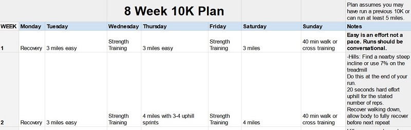 10K training Plan 8 week
